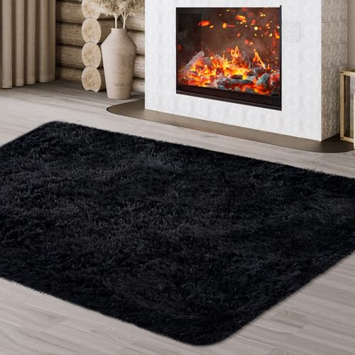 JOJOSEE Hochflor Teppich Wohnzimmer 120 x 160 cm Schwarz | Anti-Rutsch Wohnzimmerteppich Waschbarer Flauschiger Teppich für Schlafzimmer & Kinderzimmer
