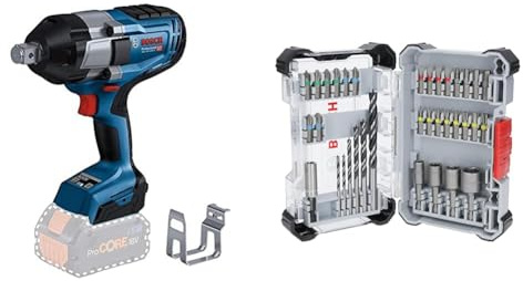 Bosch Professional 18V System BITURBO Akku Drehschlagschrauber GDS 18V-1050 H (ohne Akku/ Ladegerät) + 35x Extra Hard Schrauberbit‑ und PRO Wood Bohrer-Set (197 x 110,5 mm, Professional Zubehör)