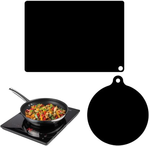 Lot de 2 Tapis De Cuisinière À Induction,Noir Tapis de Cuisson Barbecue, Plaque Feuille de Cuisson Four Accessoire, Compatible avec la Plupart des Cuisinières, Nettoyage Facile (Rond, Rectangulaire)
