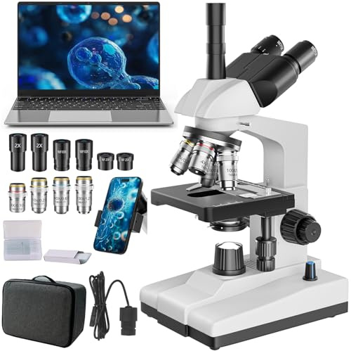CokiOptico Professional Trinocular Microscope 40X-5000X Magnification, Microscope for Adults, Laboratory Grade with Dual Mechanical Stage and HD USB Camera Microscopio, Complete Slides Set