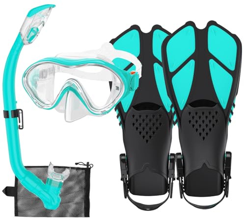 HH HHAO SPORT Schnorchelset Kinder mit Flossen, 180° Anti-Fog Panorama Weitblick Taucherbrille Kinder, Verstellbaren Schwimmflossen, Hochwertige Tauchermaske und Dry Top Schnorchel für Schwimmen
