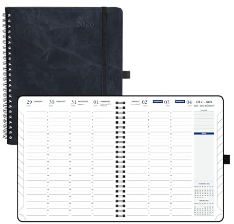 POPRUN Terminplaner 2026 A5+ Ringbuch auf Deutsch - Wochenplaner mit 30-Minuten-Taktung & Monatsregister. Kalender 2026 Buchkalender mit PU-Leder Softcover - Schwarz