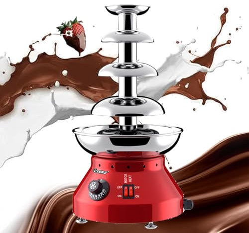 WEIZIIA Stainless Steel Chocolate Fondue Fountain, Chocolate Melting Heating Machine, 230W Electric Chocolate Fondue Fountain, 30℃~110℃ Adjustable Temperature, Melts Chocolate Queso,Red-4tier