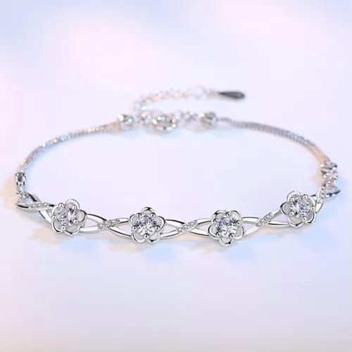 Luxus Damen Zicron Rose 925 Silber Herz Armbänder Kette-Weiß-18cm