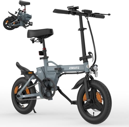 Eskute F100 Electric Folding Bike, 14 Electric Commuter Bicycle 36V 9Ah Battery, Range 35 Miles, Mini Folding Ebike with Phone Holder & USB Charging Port, LCD Display, Foldable Ebike for Teens/Adults