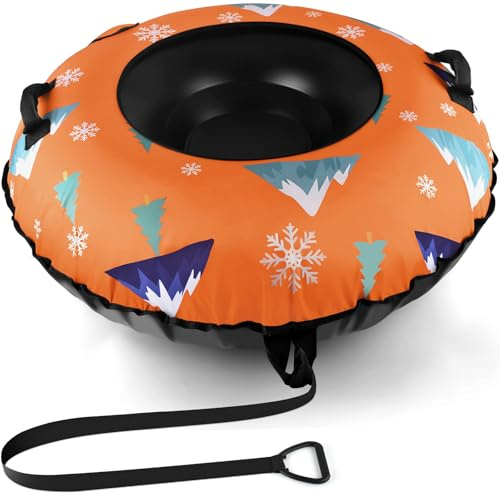 48 Inch Snow Tube with Premium Canvas Cover & Towable Leash- Thicked Heavy Duty Inflatable Winter Snow Sled for Adult