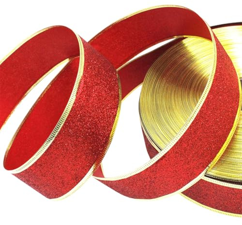 YUVKIN 9m Cinta de Satén para Navidad, Cinta Decorativa de Tela Roja con Borde Dorado y Brillo Dorado para Decoración Navideña, Envoltorios de Regalos, Bautizos y Cumpleaños (38 mm de ancho)(rojo)