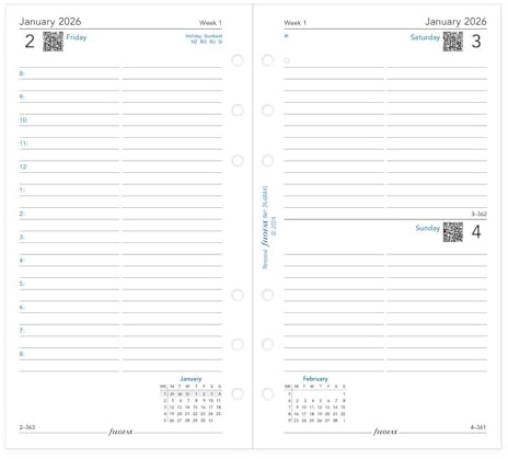 Filofax Kalender-Terminplaner Nachfüllpackung, persönliche/kompakte Größe, Tag auf einer Seite mit Terminen, liniert, weißes Papier, Englisch, 2026 (C68441-26)