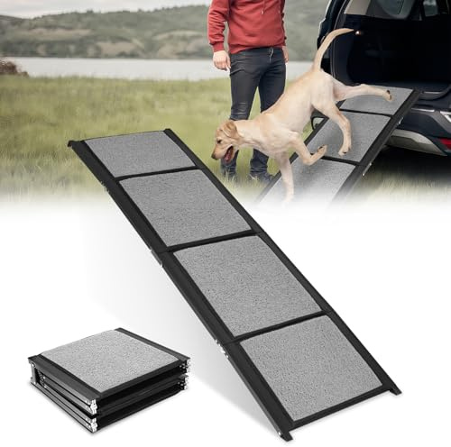 Eikuavons Hunderampe Auto Klappbar 170x44cm, Faltbare & rutschfeste Hundetreppe Auto & SUV bis 80kg, Aluminium Rampe mit Schlingen-Teppich Oberfläche, Leicht & Stabil, Hund Rampe Grau