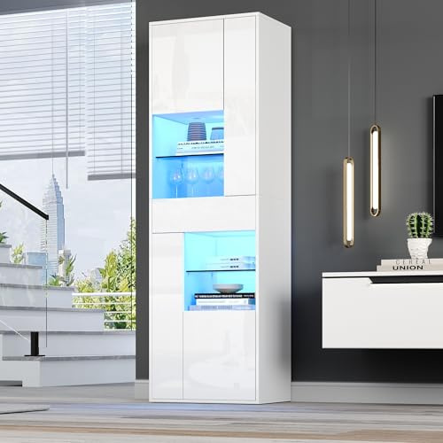 Merax Vitrinenschrank Vitrine Schrank mit LED-Beleuchtung, Hochschrank mit Schublade, Schränken, Offene Glasböden, Sammlervitrine Bücherregal Standvitrine für Wohnzimmer Büro, Hochglanz Weiß, 170cm
