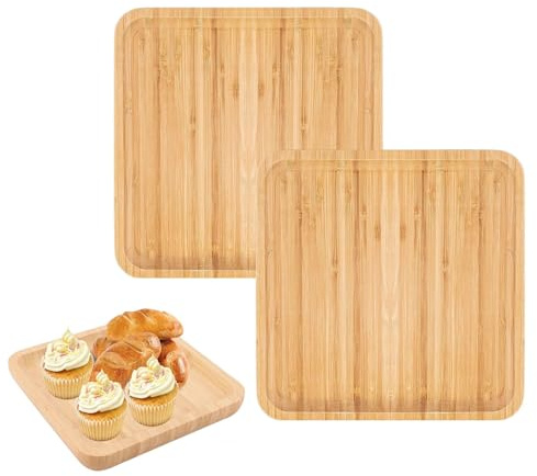 Lot de 2 Plateaux Carrés en Bambou Naturel - 20x20 cm - Plateau de Service pour Café, Thé, Gâteaux pour Petit-Déjeuner, Réception, Mariage et Décoration