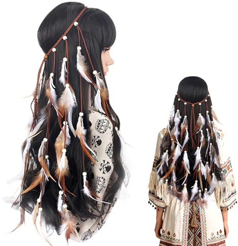 Indisches Feder-Stirnband, Feder Kopfschmuck Boho Hippie Stirnband, Boho-Hippie-Kopfschmuck, blauer Tribal-Haarband für Karneval Fasching Frauen Damen und Mädchen Festival Party