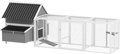 PawHut Hühnerstall Hühnerhaus für 7-10 Hühner 283 x 133,5 x 112 cm Grau | Hühnergehege, 2 Nistkasten, Freilaufgehege, Sitzstange, Schaukel, Winterfest, Holz, Hühnervoliere, Vogelhaus