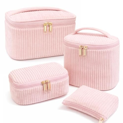 Lot de 4 Trousse de Toilette Femme Trousse de Maquillage,Maquillage en Velours Côtelé Doux Cosmétiques a Glissière Portable Voyage,pour Hommes et Femmes Accessoires de Toilette de Voyage(Rose)