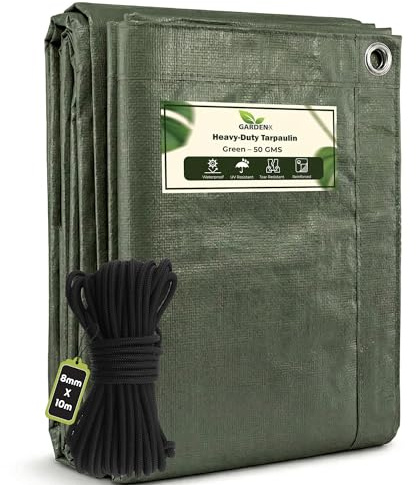 GARDENIX 6m x 8m Green Tarp 50gsm Tarpaulin Waterproof Tarp Sheet Cover, Groundsheet, Multipurpose, Lightweight + 10 Metres of 8mm Bungee Rope