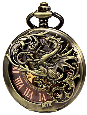 TREEWETO Antike Drache Mechanische Skelett-Taschenuhr mit Kette