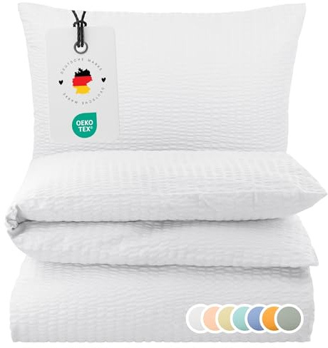 Carpe Sonno Seersucker Bettwäsche 155x220 cm Baumwolle – Weiß bügelfrei | Kühlende Sommerbettwäsche mit Reißverschluss, bügelfrei | Deckenbezug + Kissenbezug 80x80 | ganzjährig, pflegeleicht