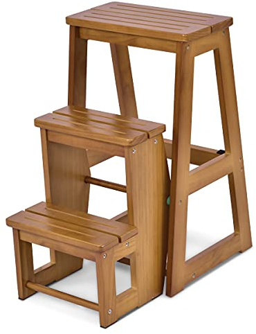 COSTWAY Tabouret Escabeau en Bois Tabouret Échelle Pliant Multifonctionnel 3 Marches 57 x 38 x 65 cm Brun Foncé