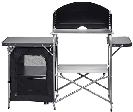 Hi Gear Basecamp Deluxe Kitchen Stand with Windshield & Storage Cupboard, Lightweight, Easy to Assemble, Portable, Folding Camp Table, Ideal for Camping & Festivals, includes Carry Bag, Silver
