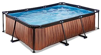 EXIT Toys Wood Pool - 220x150x65cm - Rechteckiger, Kompakter Rahmenpool mit Kartuschenfilterpumpe - Leicht Zugänglich - Für Kleinkinder Geeignet - Starker Rahmen - Einzigartiges Design - Braun