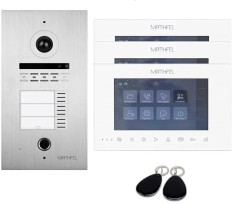 MATHFEL 2 Draht Bus IP 3 Familienhaus Video Türsprechanlage Full HD Fischaugenkamera 170 Grad, Außenstation in Aluminium, 3x7'' WLAN Monitor in weiß, RFID Zugangskontroll