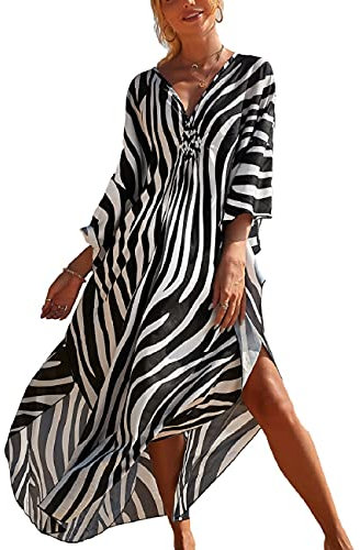 Bsubseach Long Half Sleeve Kaftan for Women Plus Size V Neck Swimsuit Coverups Summer Beach Dress Zebra Print