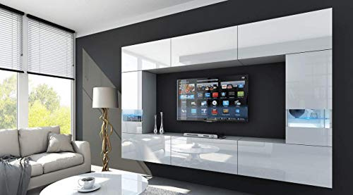 Furnitech Wohnwand Wohnzimmer - Wohnzimmer Möbel mit LED RGB - 16 Farben - Hängend Wohnwand Modern Schrankwand mit Regale und TV Schrank (Future C29/HG/W2 1B)