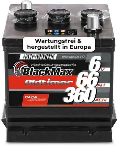 BlackMax Oldtimer Batterie 6V 66Ah 360A/EN [06617] - 6 Volt Autobatterie für PKW - Starterbatterie mit Ca/Ca Technologie - wartungsfrei & sofort startklar