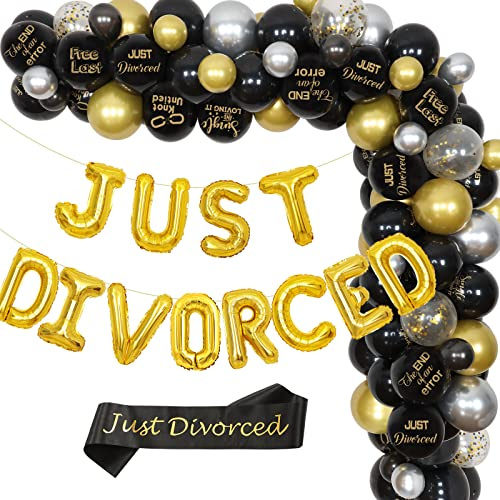 Just Divorced Party Dekorationen für Damen Herren Schwarz und Gold Ballon Girlande und Bogen Kit mit Just Divorced Schärpe und Folienbanner für Freedom Party Supplies