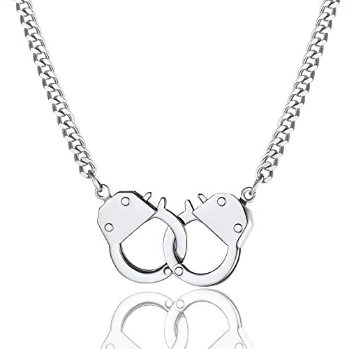 ChainsProMax Handcuff Necklace for Men Stainless Steel Punk Padlock Pendant,Silver/Gold/Black Cuban Link Chain 7.5/14/18inch Interlocking Rocker Chains Jewelry for Mens and Women, 14 inch, Stainless