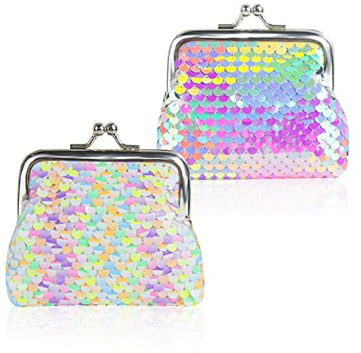 FuninCrea Coin Purse 2 Pieces, Nylon Coin Purses for Women and Girls, Colorful and Double Sided Sequin Coin Wallet, Mini Purse with Kiss Lock for Change, Keys, Headset, Lipstick(Sequins, Multicolor)