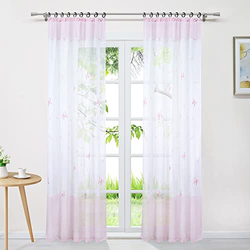Delien Voile Gardinen Modern Transparente Gardinenschals Landhaus für Wohnzimmer »Schmetterling« Vorhang mit Stickerei Flächenvorhänge Fenster Schal mit Kräuselband 1 St.,BxH 140x175cm,Rosa