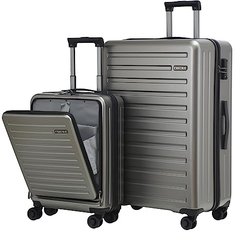 TydeCkare 20/28 Gepäckset, 20 Handgepäck mit Laptoptasche mit Frontöffnung 55x39x20 cm, 28 Hartschalenkoffer 101L, ABS+PC, mit TSA Schloss, Grau