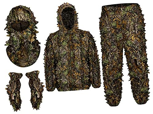 harayaa Ghillie Suit Camo Hood Outfit Lightweight Breathable 3D Leafy Full Face Mask Gloves Set for Jungle Outdoor Game Costume, M L