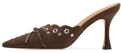 ATBELL Kitten Heel Mules for Women Bow Tie Suede Stiletto Heels Mule Pointed Toe Studs Slide Heeled Sandal Pumps for Wedding Dress Party, Chocolate, 4.5 UK