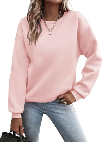 Minetom Pullover Damen Sweatshirt Einfarbige Langarm Rundhals Pulli Herbst Winter Frauen Locker Casual Oberteil Sport Streetwear Sweatshirts ohne Kapuze LangarmshirtB RosaM