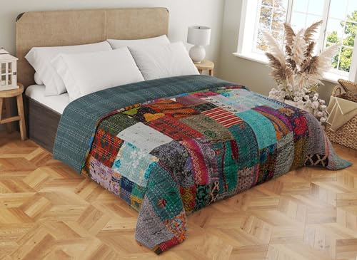 Marubhumi Quilts Indische handgefertigte indische traditionelle Decken, indische Seide, Sari-Patchwork, Paisleymuster, Vintage-Kantha-Steppdecke, Steppdecke, reine Baumwolle, Grau, Kingsize, 274 x 274