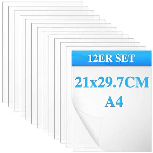 PLAPOT 12 Pezzi Fogli Acrilici Trasparenti, Lastre Acrilico Trasparente 1 mm di Spessore, Lastre di Plastica per Fai da Te, Decorazione, Pittura, Cornice per Foto, Arte Fatta a Mano, 21 x 29,7 cm