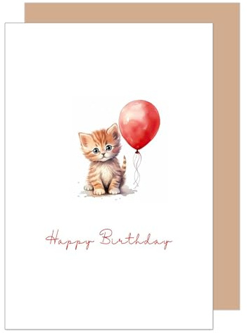 Edition Seidel Biglietto di auguri con busta di alta qualità in carta kraft. Hpppy Birthday bambini ragazza e ragazzo figlio bambino animale gatto gattino palloncino (G3542 SW024)