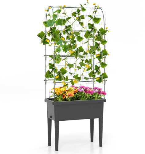 GOPLUS Cama de jardín elevada con celosía, riego automático, indicador de nivel de agua, agujeros de drenaje, red, pies extraíbles, cuadrado huerto para verduras, flores, plantas trepadoras