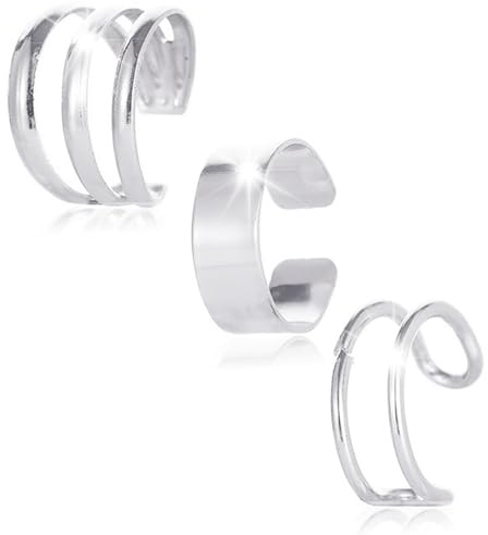 3Pcs Silver Ear Cuff Earrings, Adjustable Clip on Earrings, Non-Piercing Fake Helix Cartilage Cuff Earrings for Women Man