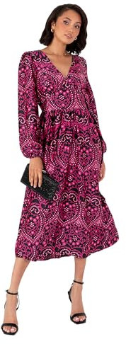 Lovedrobe Women's Midi Dress Ladies Long Balloon Sleeve V-Neck Satin Button Front Split Vibrant Print A-Line Evening Occasion Vestido, Fucsia, 46 para Mujer