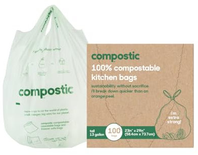 Compostic Compostable Trash Bags, 13 Gallon Tall Kitchen (100 Count) Bulk Pack — Extra Strong, Home Compostable, Plant-Based, Non-Toxic, Unscented Garbage Bags