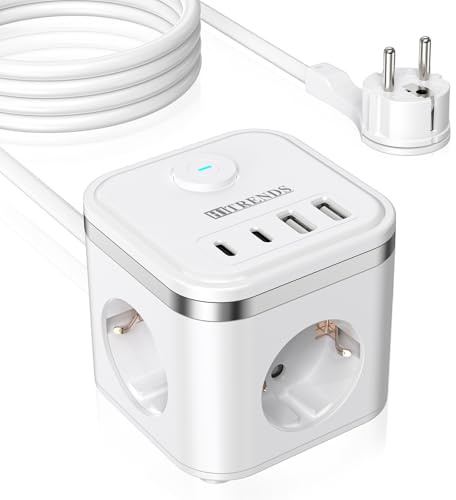 Steckdosenwürfel mit USB, 3 Fach Mehrfachsteckdose mit Schalter, Steckdosenleiste mit 2U2C, 7 in 1 Steckdosenverteiler mit 2M Kabel, Flachstecker Mehrfachsteckdose für Büro Reisen, Weiß