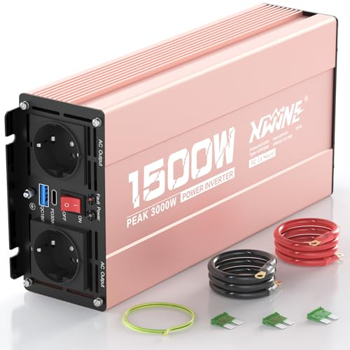XWJNE Convertisseur 12V 220V, 1500W Convertisseur de Tension, Onduleur Sinus Modifié, Convertisseur de Puissance Voiture avec 2 Prises CA, 1 Port USB-A et 1 Port USB-C, pour RV Voiture de Camion