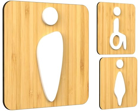 Fluid - Lot de 3 Plaques WC Homme Femme Accessible - Signalétique Autocollante pour Toilettes Publiques et Privées (Carré - Bambou)