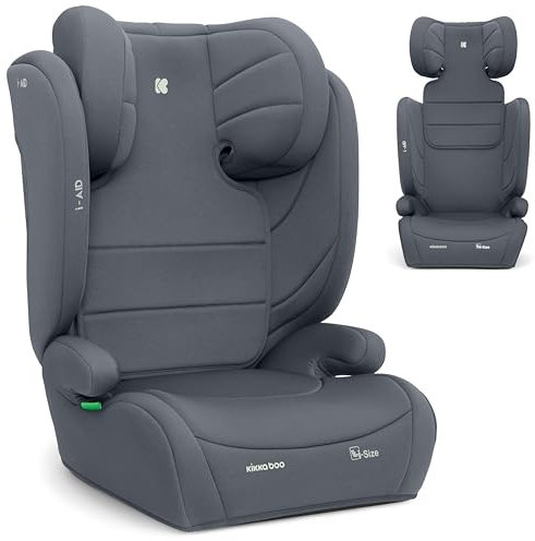 KikkaBoo i-Aid Kindersitz 15–36 kg, 100–150 cm, Gruppe 2/3, von 3,5 bis 12 Jahren, ohne ISOFIX, i-Size, 13-fach verstellbare Kopfstütze, Grau