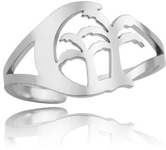 SIPURIS Bague palmier pour femme - Motif vague et lune - Symbole cocotier - En acier inoxydable - Réglable - Pour l'été et la plage - Bijoux simples pour femme