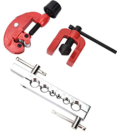 Tube Cutter, Double Flaring Tool Kit with Aluminum Steel Brake Line and Pipe, 2 Rollers and Fold-Away Slide Lock Reamer Deburring Vane/Wing, Ideal for 3-19mm Tubing, Easy Storage in