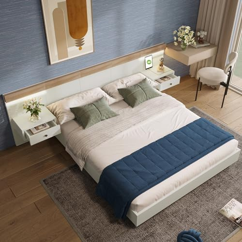 Crlnaup Doppelbett Bettanlage mit 2 LED Nachtkommoden& USB C Steckdose 140 x 200 cm Holzbett inkl. 2 Nachttischen Schlafzimmer Komplett-205x244x90.5 cm(L/B/H) Set in Eiche Sonoma/Weiß(Ohne Matratze)